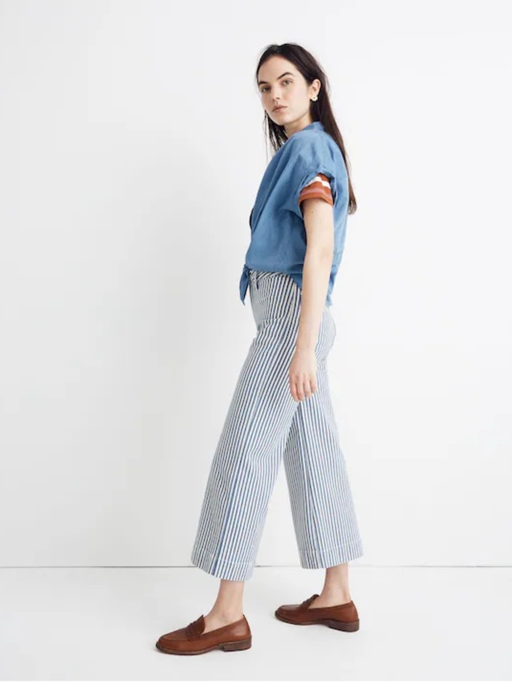 MADEWELL Emmett Wide-Leg Crop Pants Stripe Blue White 27 Crop High Waist Coastal